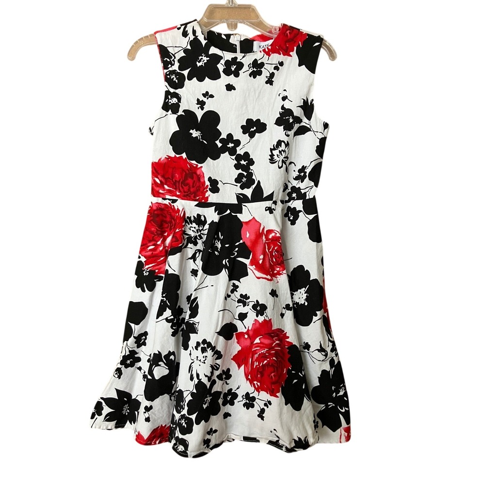 KATE KASIN Girls Dress Size 6-7 Floral Print Sleeveless Red Black‎ Fit Flare